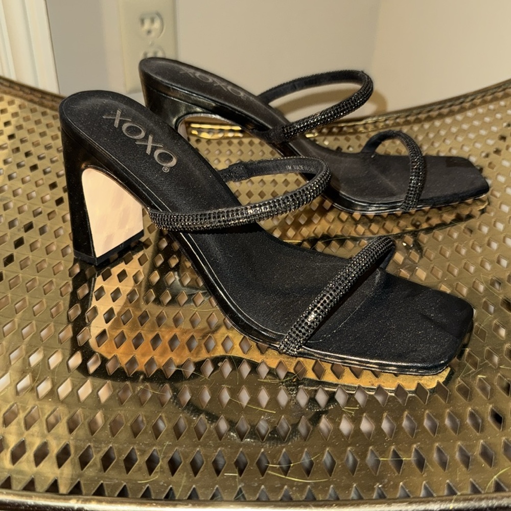 XOXO Black Rhinestone Square Toe Dress Sandal Mule Heel sz 9